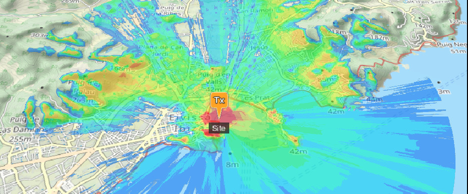 CloudRF API VHF coverage in Ibiza with 3D buildings enabled